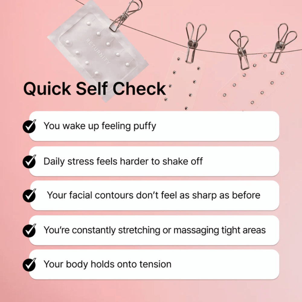 Ilustracija pogostih znakov stresa, oteklin in napetosti. RETURNITY Ear Therapy Acupressure Patch je predstavljen kot del vsakodnevne wellness rutine za sprostitev in ravnovesje.