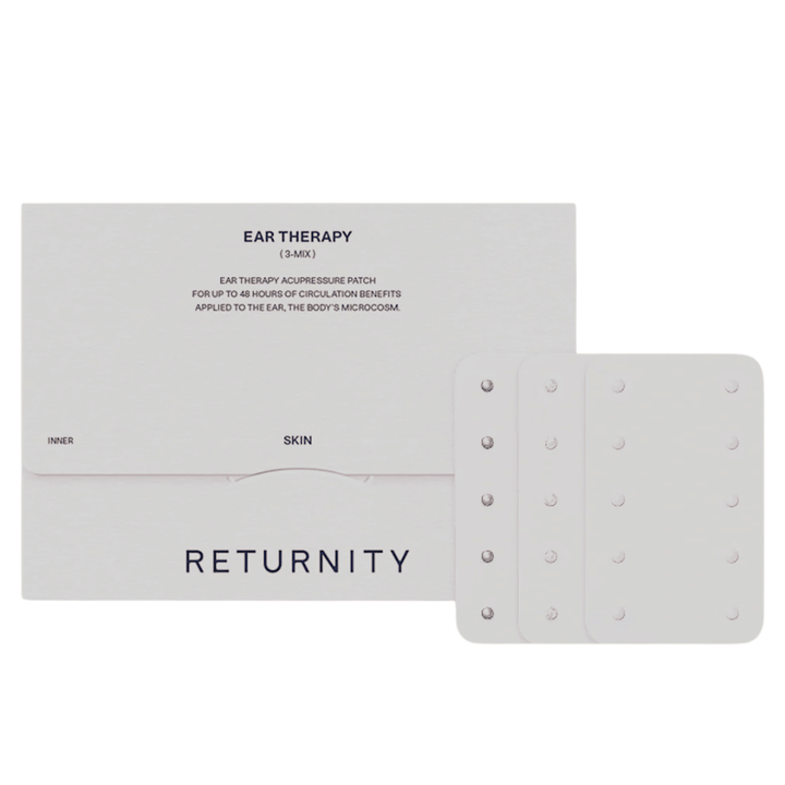 RETURNITY Ear Therapy Acupressure Patch 30pcs (3-Mix) z embalažo in tremi različnimi vrstami akupresurnih obližev. Komplet vsebuje več različic za prilagojeno ušesno akupresuro in vsakodnevno uporabo.