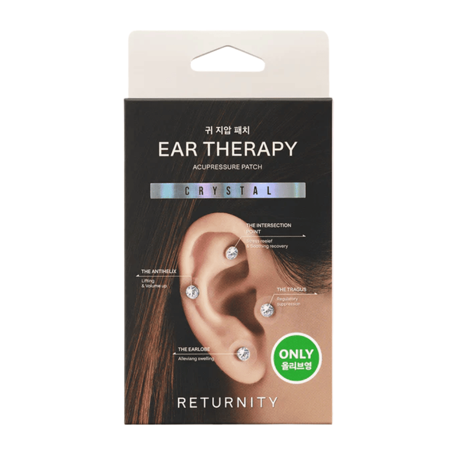 Embalaža RETURNITY Ear Therapy Acupressure Patch Crystal z okrasnimi kristalnimi obliži za ušesno akupresuro in poudarkom na določenih točkah ušesa.