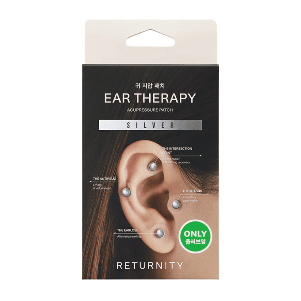 Embalaža RETURNITY Ear Therapy Acupressure Patch Silver s srebrnimi ušesnimi obliži in označenimi akupresurnimi točkami na ušesu.