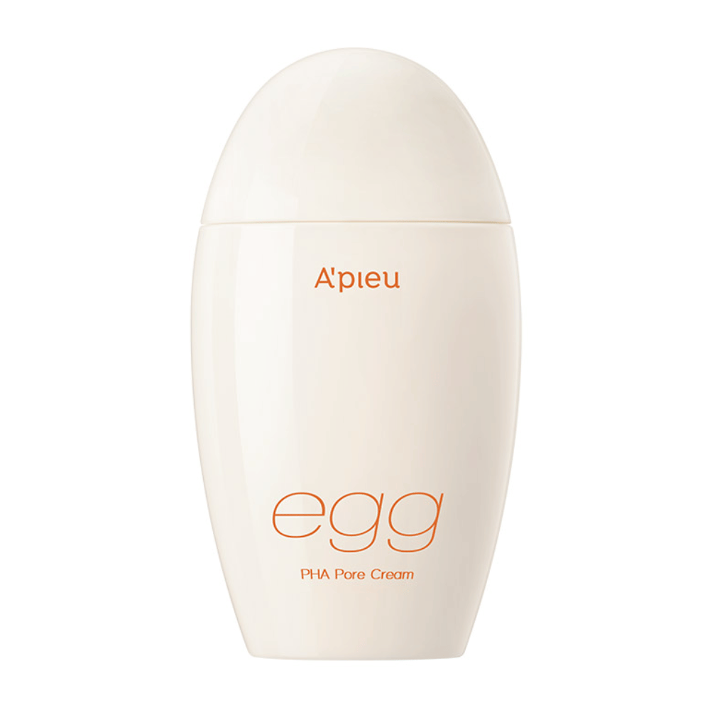 A'pieu Egg PHA Pore Cream v jajčni obliki, bež embalaža z oranžnim besedilom – korejska krema za obraz za zmanjšanje por in nežno luščenje.