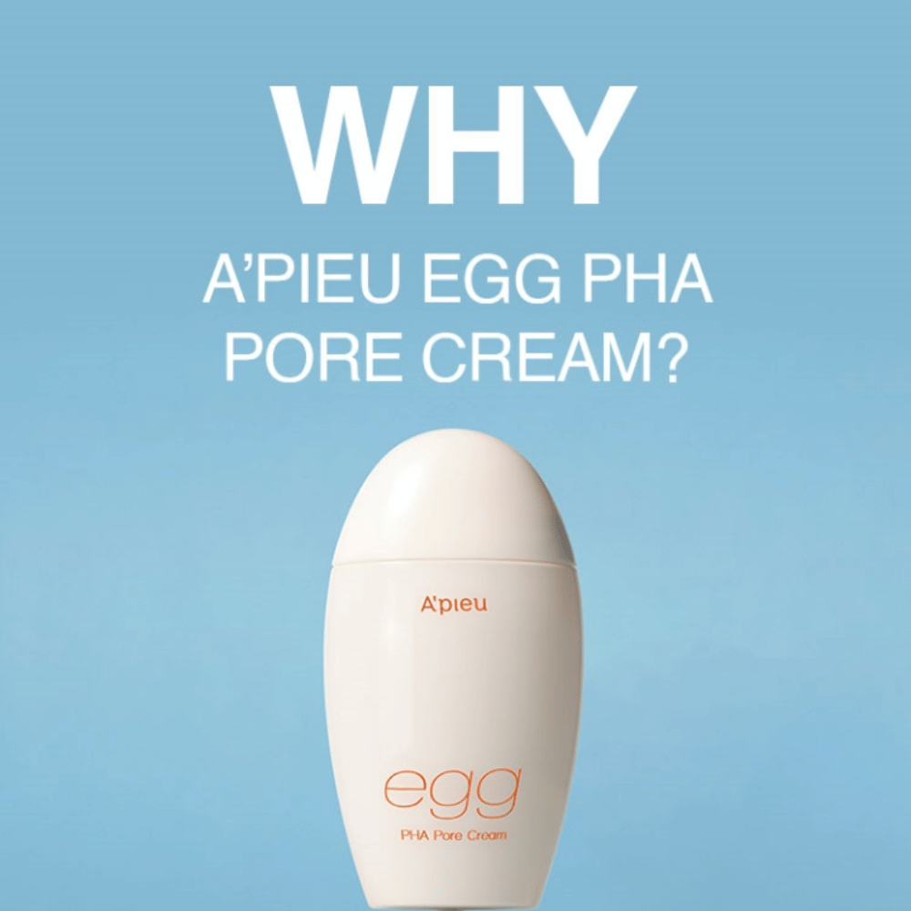 A'pieu Egg PHA Pore Cream v jajčni embalaži na modrem ozadju z besedilom "WHY A'PIEU EGG PHA PORE CREAM?", kar poudarja prednosti izdelka.