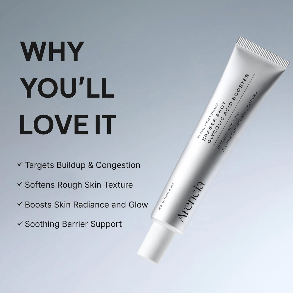 Arencia Eraser Shot Glycolic Acid Booster – piling booster, ki izenači teksturo kože in ji daje sijaj