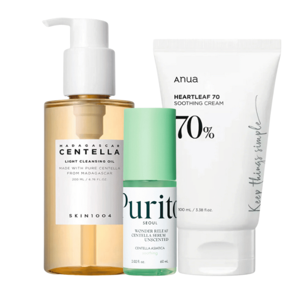Ta komplet za nego kože vsebuje tri korake za sijočo kožo: SKIN1004 Madagascar Centella Light Cleansing Oil za blago čiščenje, Purito Wonder Relief Centella Serum za vlaženje in Anua Heartleaf 70 Soothing Cream za pomirjujočo nego. Popolno za vsakodnevno uporabo.