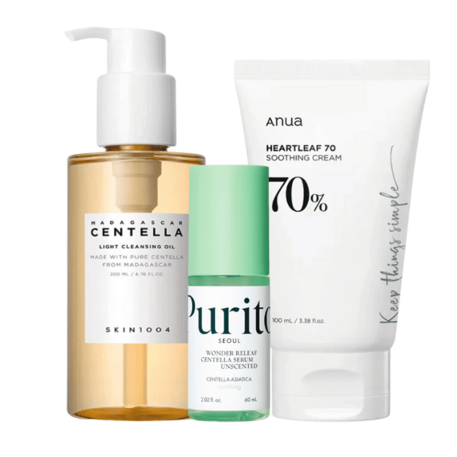 Ta komplet za nego kože vsebuje tri korake za sijočo kožo: SKIN1004 Madagascar Centella Light Cleansing Oil za blago čiščenje, Purito Wonder Relief Centella Serum za vlaženje in Anua Heartleaf 70 Soothing Cream za pomirjujočo nego. Popolno za vsakodnevno uporabo.