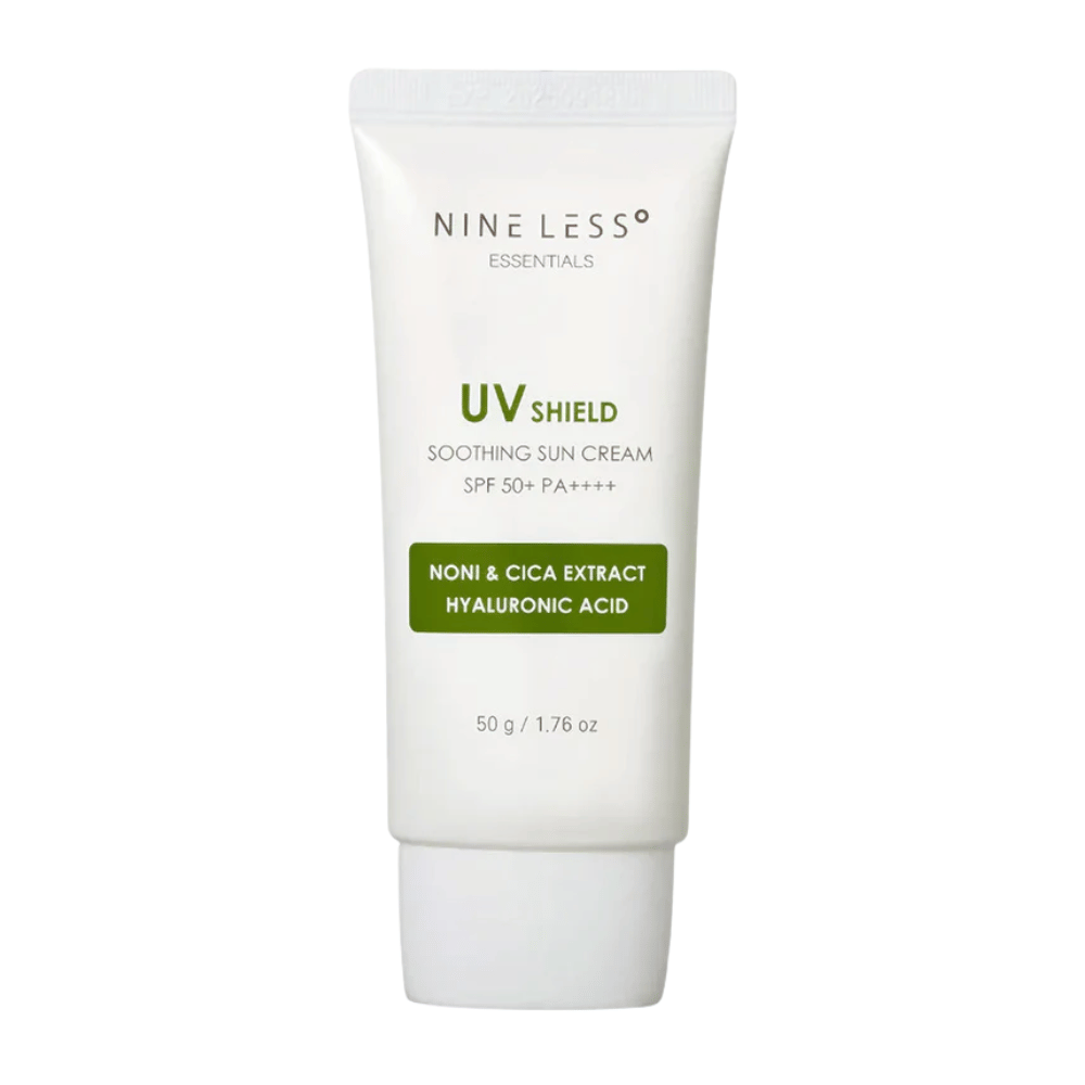 NINE LESS Essentials UV Shield Soothing Sun Cream SPF 50+ PA++++ – vlažilna krema za sončenje z nonijem, izvlečkom cice in hialuronsko kislino, ki ščiti in pomirja kožo.