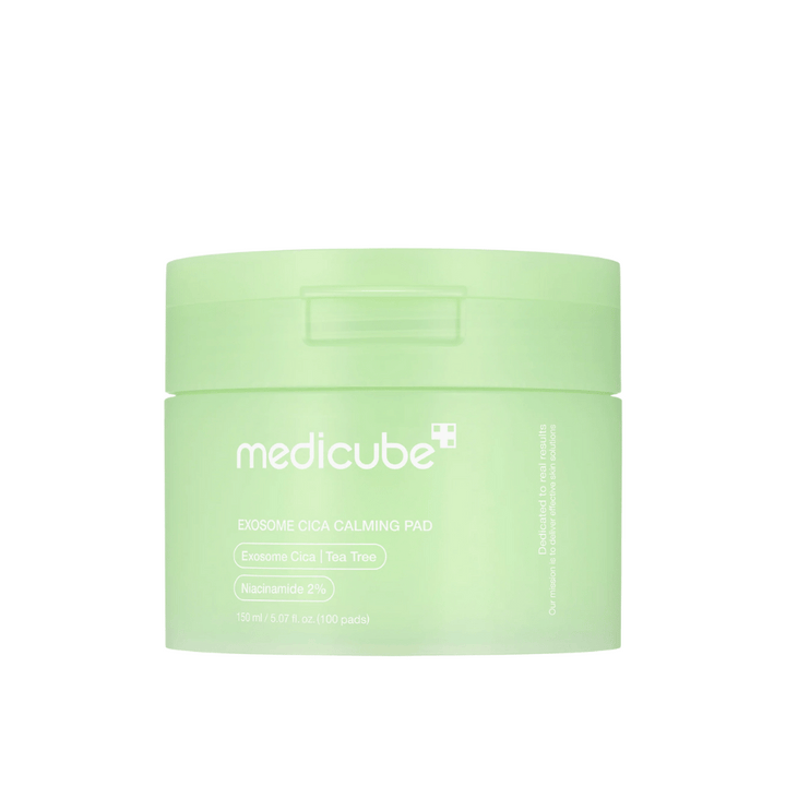 Povečava na Medicube Exosome Cica Calming Pads v svetlo zeleni posodi, 150 ml/100 blazinic za pomiritev in vlaženje kože.