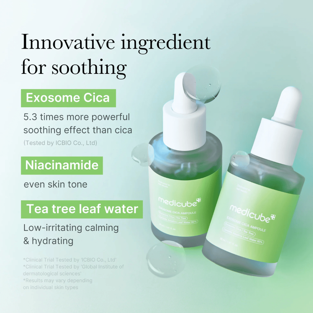 Dve steklenički Medicube Exosome Cica Ampoule, formulirani z Exosome Cica, niacinamidom in vodo iz listov čajevca za pomirjujoč učinek.