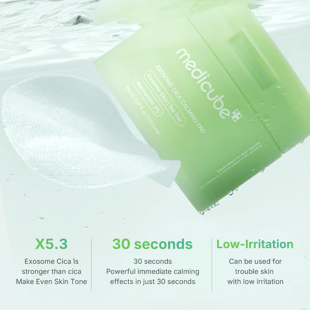 Medicube Exosome Cica Calming Pads pod vodo, z ugodnostmi: 5,3x močnejše kot cica, učinek v 30 sekundah, nizka iritacija.