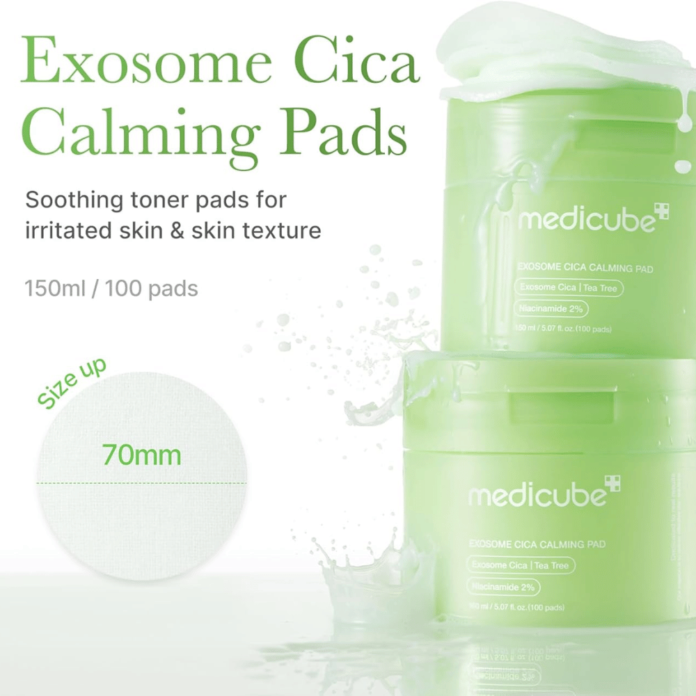 Medicube Exosome Cica Calming Pads v zeleni posodi, pomirjujoče tonirne blazinice z niacinamidom in čajevcem za razdraženo kožo, 150 ml/100 blazinic.