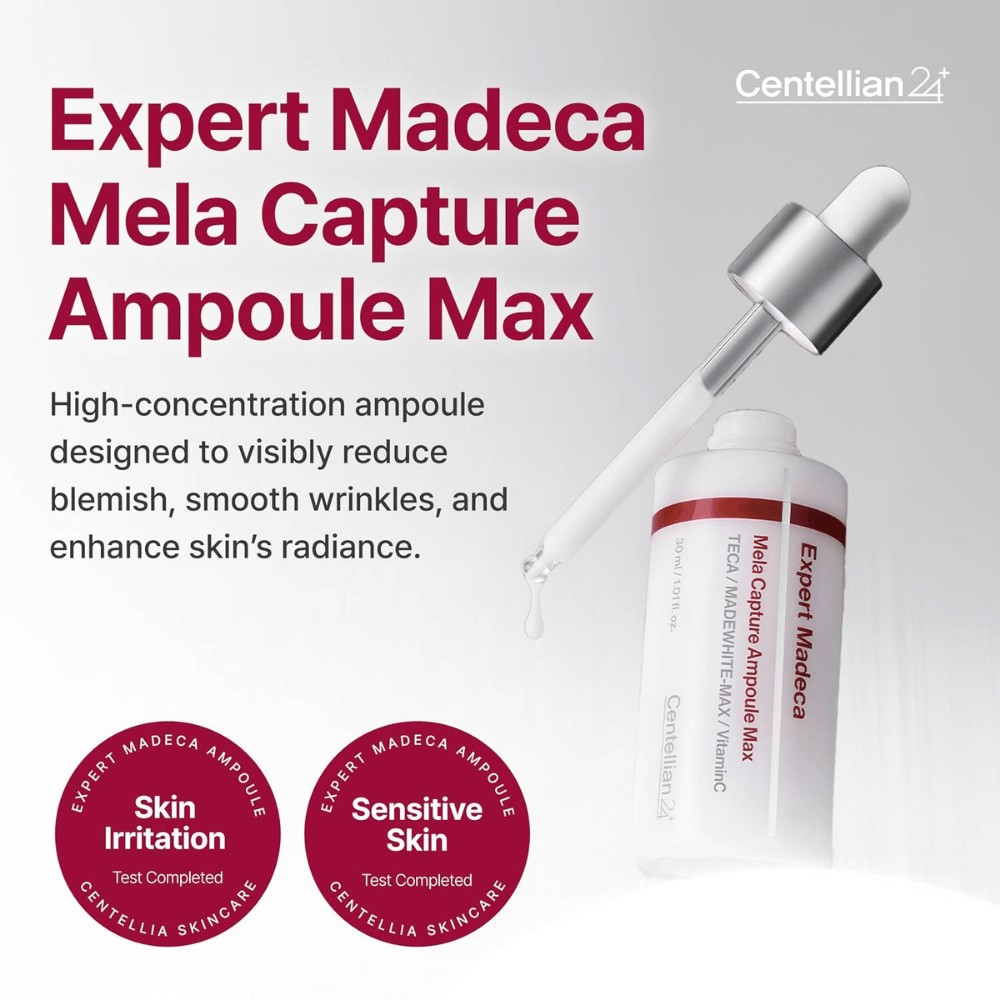 Centellian24 Expert Madeca Mela Capture Ampoule Max 30 ml – koncentrirana korejska ampula za pigmentne madeže, drobne linije in izboljšan sijaj.