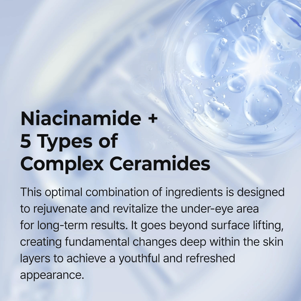 Krema za oči z niacinamidom in ceramidi, ki krepi kožno bariero, globinsko vlaži ter zagotavlja čvrstejšo in bolj enakomerno kožo okoli oči