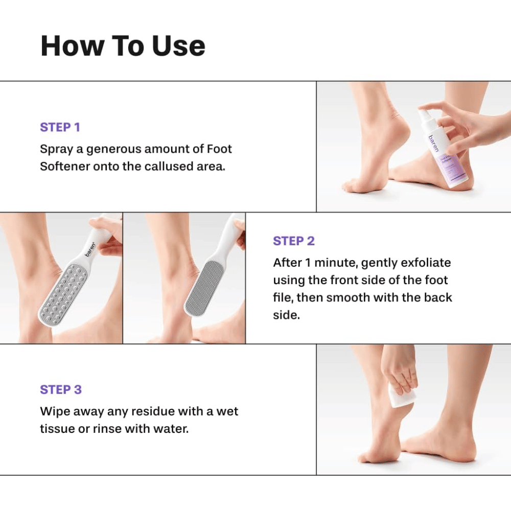 Kako uporabljati BAREN Foot Callus Eraser Home Set – nanesite Foot Softener, spilite otiščance in sperite stopala