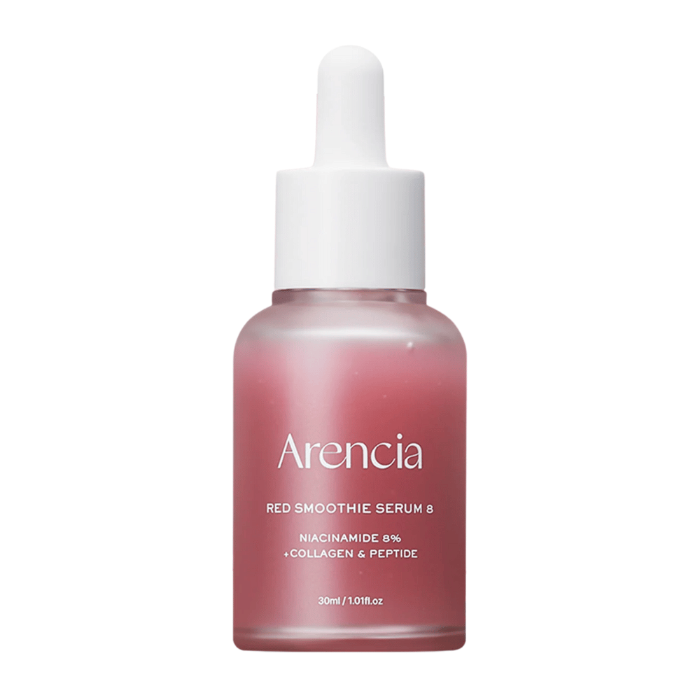 Arencia Red Smoothie Serum 8 v stekleni steklenički s pipeto, 30 ml. Roza serum z niacinamidom, kolagenom in peptidi, ki krepi kožno pregrado in povečuje elastičnost.