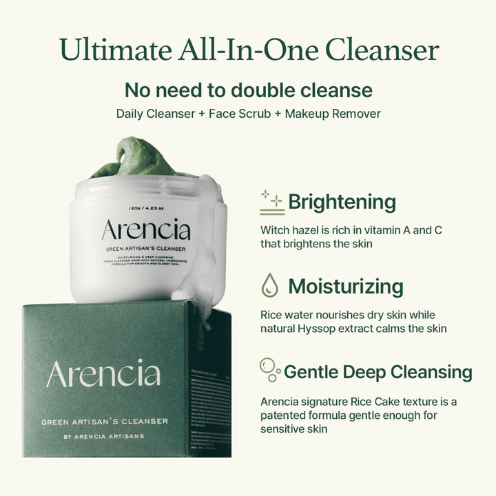 Arencia Green Artisan's Cleanser je prikazan s posodo in škatlo. Besedilo poudarja prednosti: Posvetlitev (vitamin A & C), Vlaženje (riževa voda & hyssop), Nežno Globinsko Čiščenje s patentirano riževo teksturo.