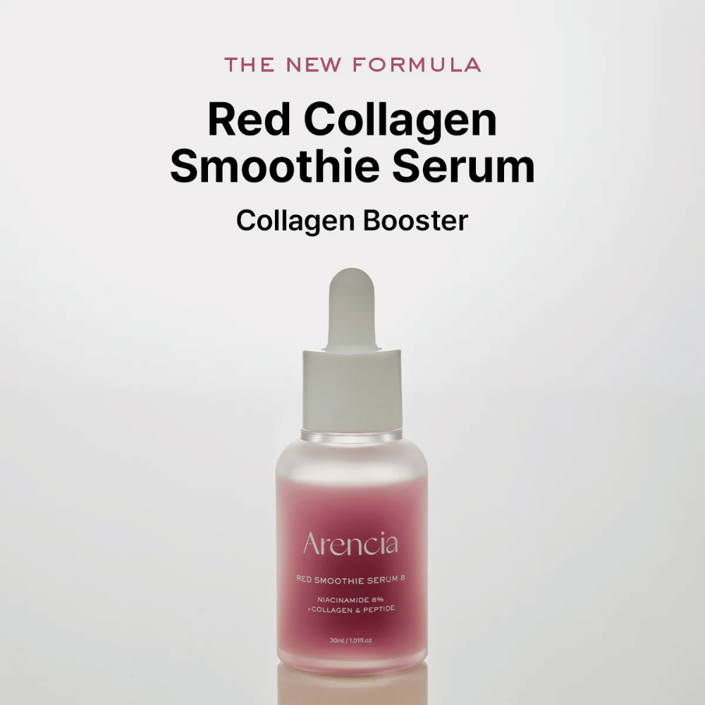 Arencia Red Smoothie Serum 8 je predstavljen kot "Red Collagen Smoothie Serum", močan kolagenski booster z 8 % niacinamida, kolagena in peptidov.