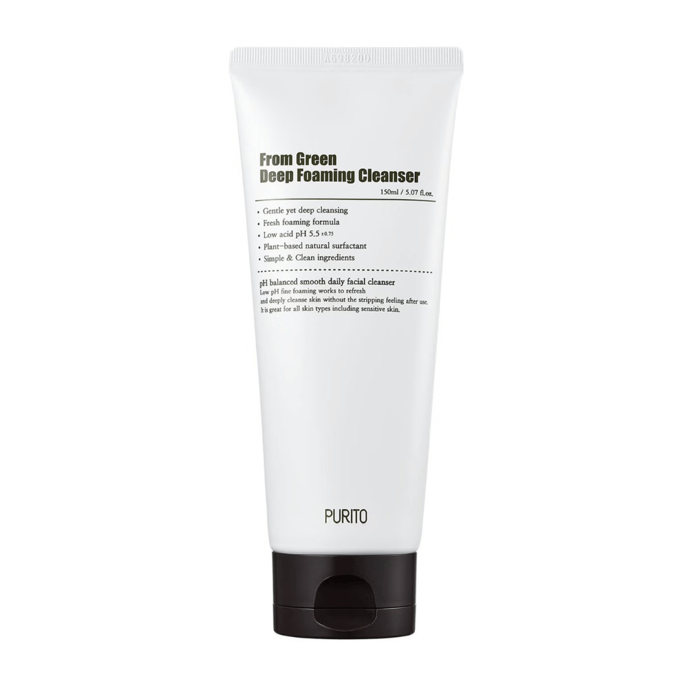 Purito From Green Deep Foaming Cleanser je globinsko čistilno sredstvo za obraz z nežno formulo, ki temelji na rastlinskih površinsko aktivnih snoveh. Njegova nizka pH vrednost 5,5 pomaga ohranjati naravno ravnovesje kože, zaradi česar je idealen za vse tipe kože, vključno z občutljivo kožo.
