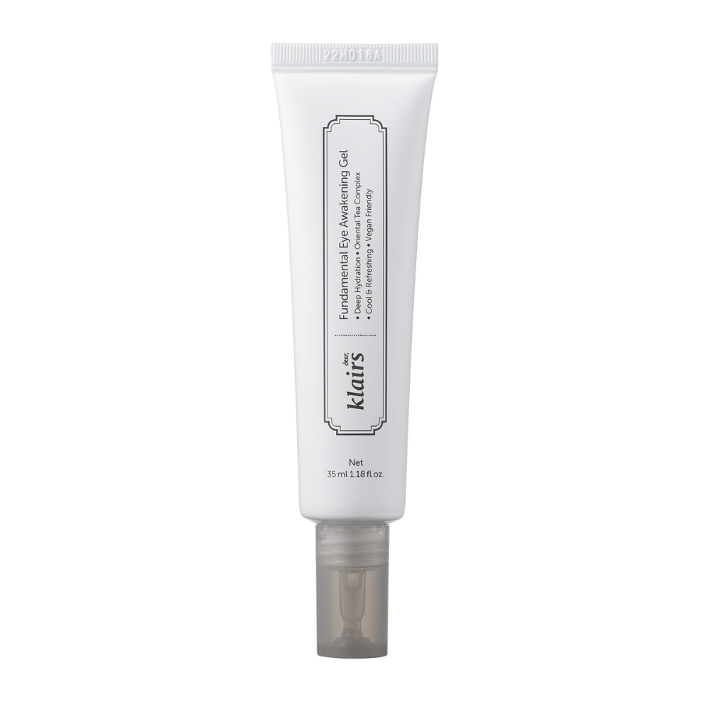 Izrezana produktna slika izdelka Klairs Fundamental Eye Awakening Gel na belem ozadju. Tuba je prikazana od spredaj, da jasno predstavi ime izdelka, velikost in čist, minimalističen dizajn, ki je značilen za izdelke Klairs.