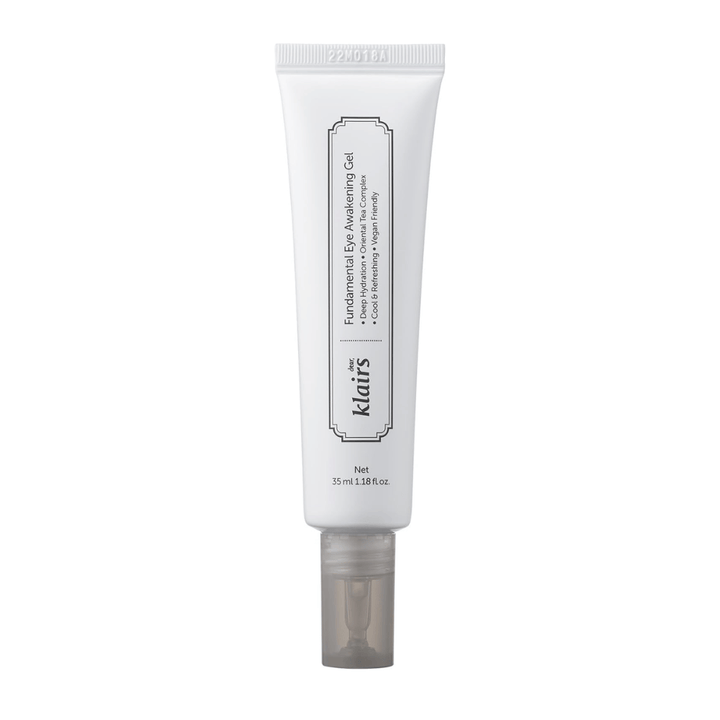 Izrezana produktna slika izdelka Klairs Fundamental Eye Awakening Gel na belem ozadju. Tuba je prikazana od spredaj, da jasno predstavi ime izdelka, velikost in čist, minimalističen dizajn, ki je značilen za izdelke Klairs.