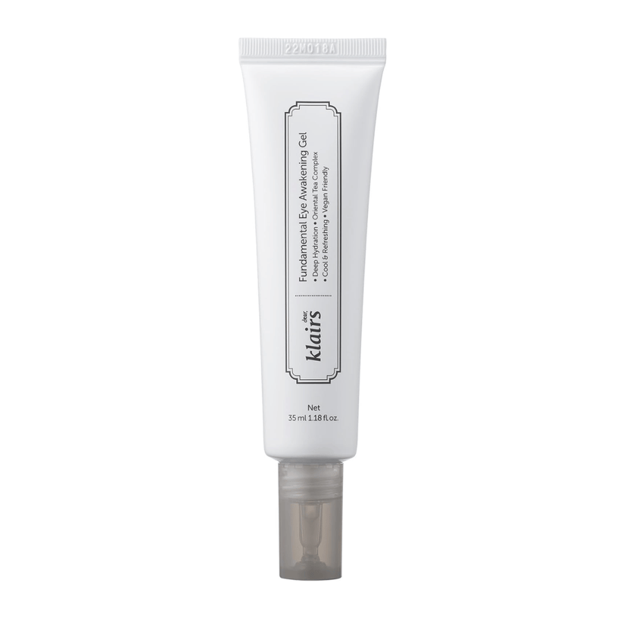 Izrezana produktna slika izdelka Klairs Fundamental Eye Awakening Gel na belem ozadju. Tuba je prikazana od spredaj, da jasno predstavi ime izdelka, velikost in čist, minimalističen dizajn, ki je značilen za izdelke Klairs.