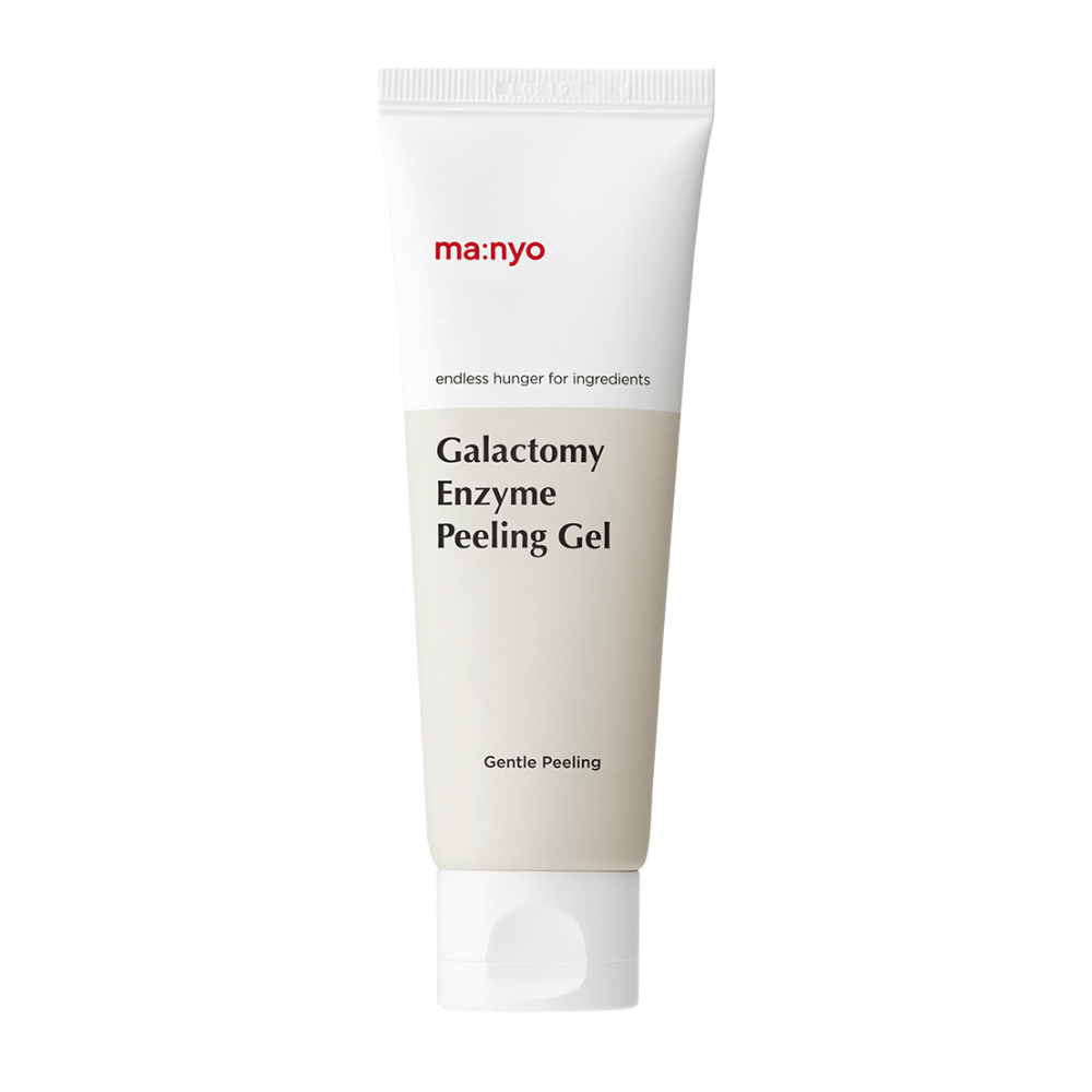 ma:nyo Galactomy Enzyme Peeling Gel, nežen piling gel za eksfoliacijo v beli in bež tubi na belem ozadju.