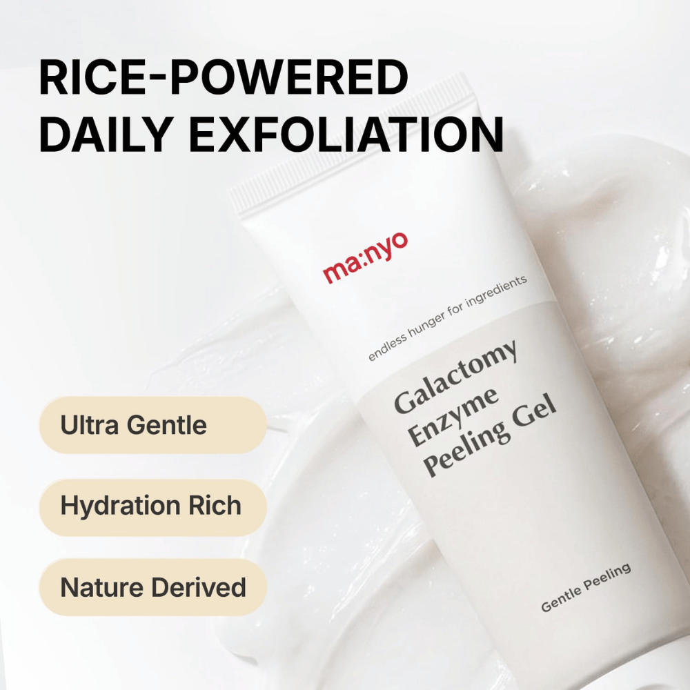 ma:nyo Galactomy Enzyme Peeling Gel, blag piling z sestavinami na osnovi riža in vlažilno gelasto teksturo.
