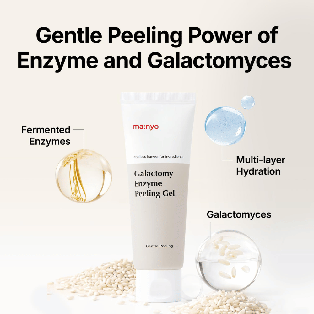ma:nyo Galactomy Enzyme Peeling Gel s fermentiranimi encimi in galaktomicetami, ki eksfolirajo in vlažijo kožo.