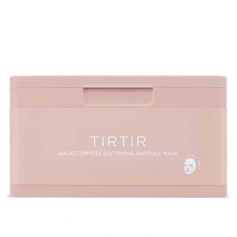 Roza posoda z napisom "TIRTIR GALACTOMYCES SOFTENING AMPOULE MASK" in majhno ikono maske, zasnovana za shranjevanje več obraznih mask.