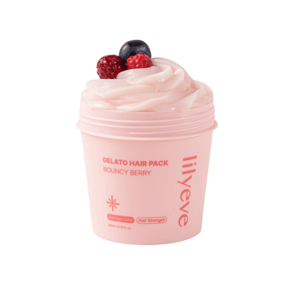 LILYEVE Gelato Hair Pack Bouncy Berry 200 ml – rožnata proteinska maska za poškodovane lase s poudarkom na moči in mehkobi.