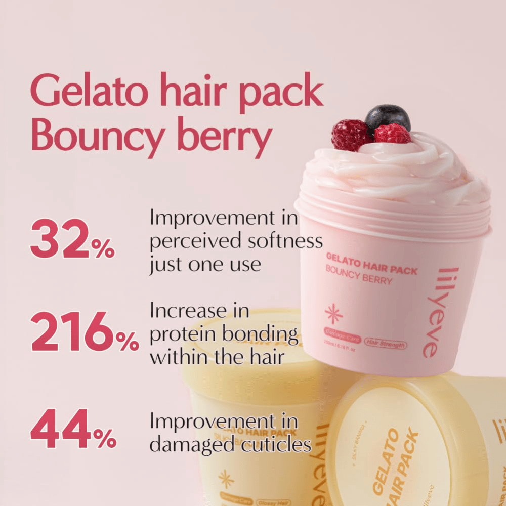 LILYEVE Gelato Hair Pack Bouncy Berry – krepilna proteinska maska za mehkejše lase in nego poškodovanih lasnih vlaken.