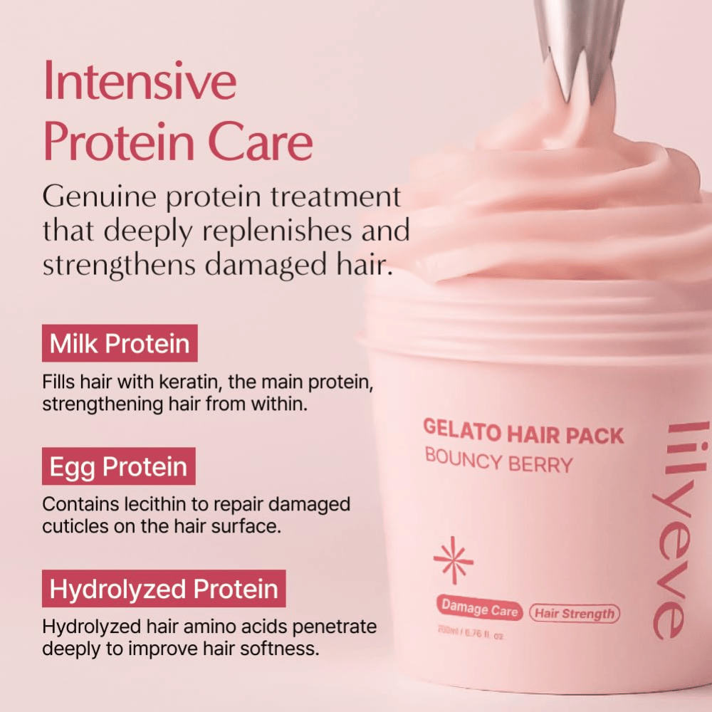 LILYEVE Gelato Hair Pack Bouncy Berry z mlečnimi beljakovinami, jajčnimi beljakovinami in hidroliziranimi beljakovinami za intenzivno nego poškodovanih las.