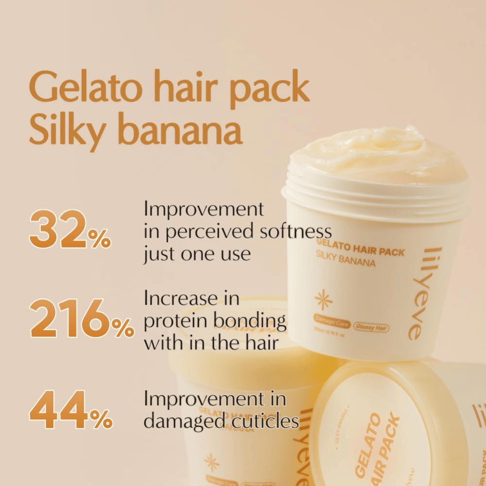 LILYEVE Gelato Hair Pack Silky Banana – z beljakovinami bogata maska za lase za mehkejše lase, sijaj in nego poškodovanih lasnih vlaken.