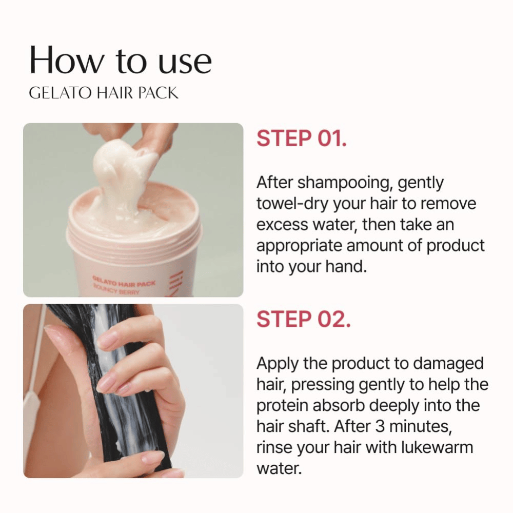 Kako uporabljati LILYEVE Gelato Hair Pack – nanesite masko za lase na z brisačo osušene lase, pustite delovati 3 minute in izperite.