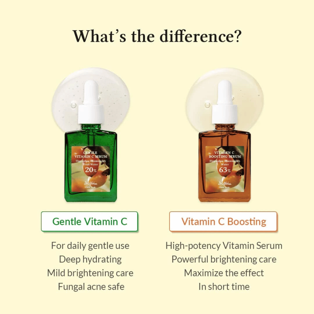 Gentle Vitamin C Serum je popoln za vsakodnevno uporabo, globoko vlaži in nežno posvetli kožo. Varno za kožo z glivičnimi aknami. Vitamin C Boosting Serum ima visoko koncentracijo za močno posvetlitev in hitre rezultate. Idealno za intenzivne potrebe kože.