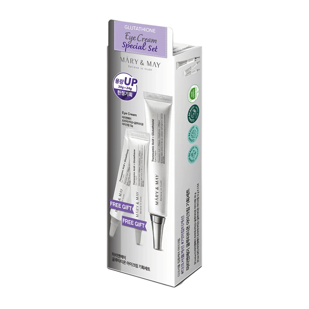Mary&May Glutathione Eye Cream Special Set z bonusnimi izdelki, priljubljen K-beauty-set za intenzivno posvetlitev in nego kože okoli oči.
