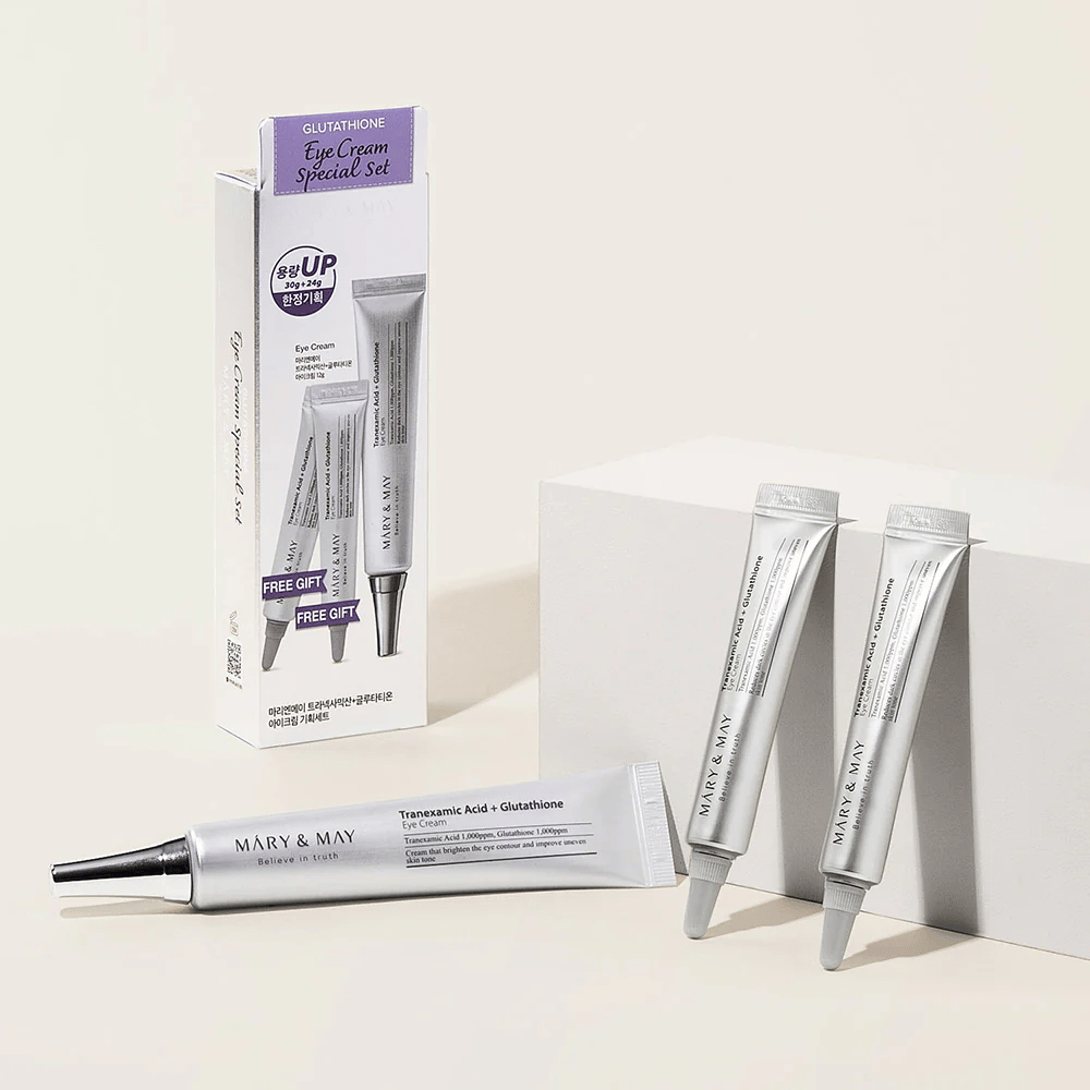 Mary&May Tranexamic Acid + Glutathione Eye Cream Special Set z originalno embalažo in dodatnimi tubami, popoln set za sijajno in izenačujočo nego oči.