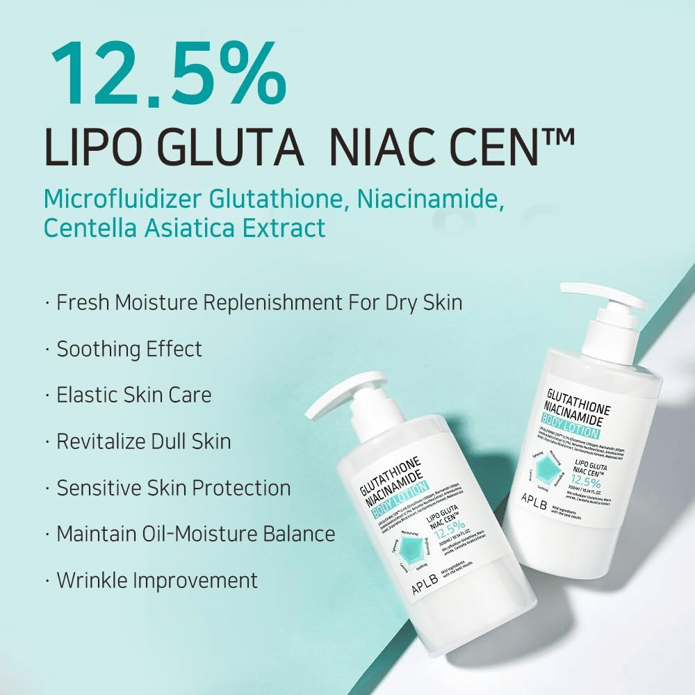 APLB Glutathione Niacinamide Body Lotion 12,5 % Lipo Gluta Niac Cent z vlaženjem, ravnovesjem kože, učinkom proti staranju in zaščito za občutljivo kožo