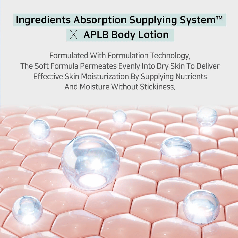 APLB body lotion z Ingredients Absorption Supplying System, ki prodre v kožo in zagotavlja intenzivno vlaženje brez lepljivega občutka