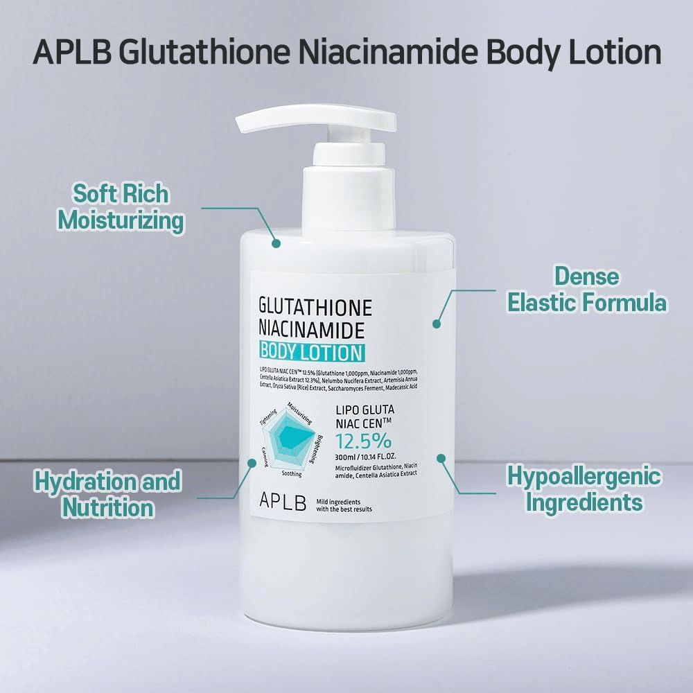 APLB Glutathione Niacinamide Body Lotion plastenka na črpalko z vlažilno, elastično formulo in hipoalergenimi sestavinami za mehko in hranilno nego kože