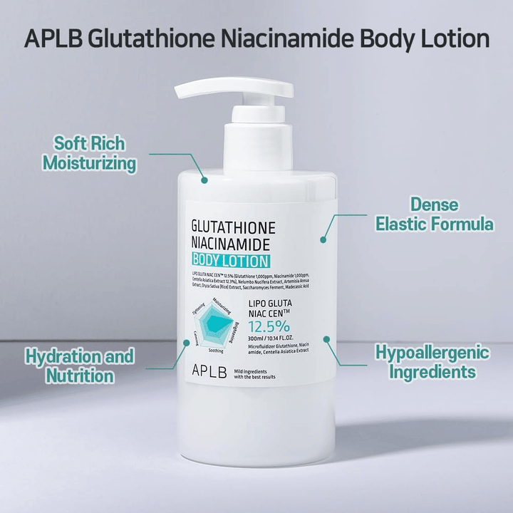 APLB Glutathione Niacinamide Body Lotion plastenka na črpalko z vlažilno, elastično formulo in hipoalergenimi sestavinami za mehko in hranilno nego kože