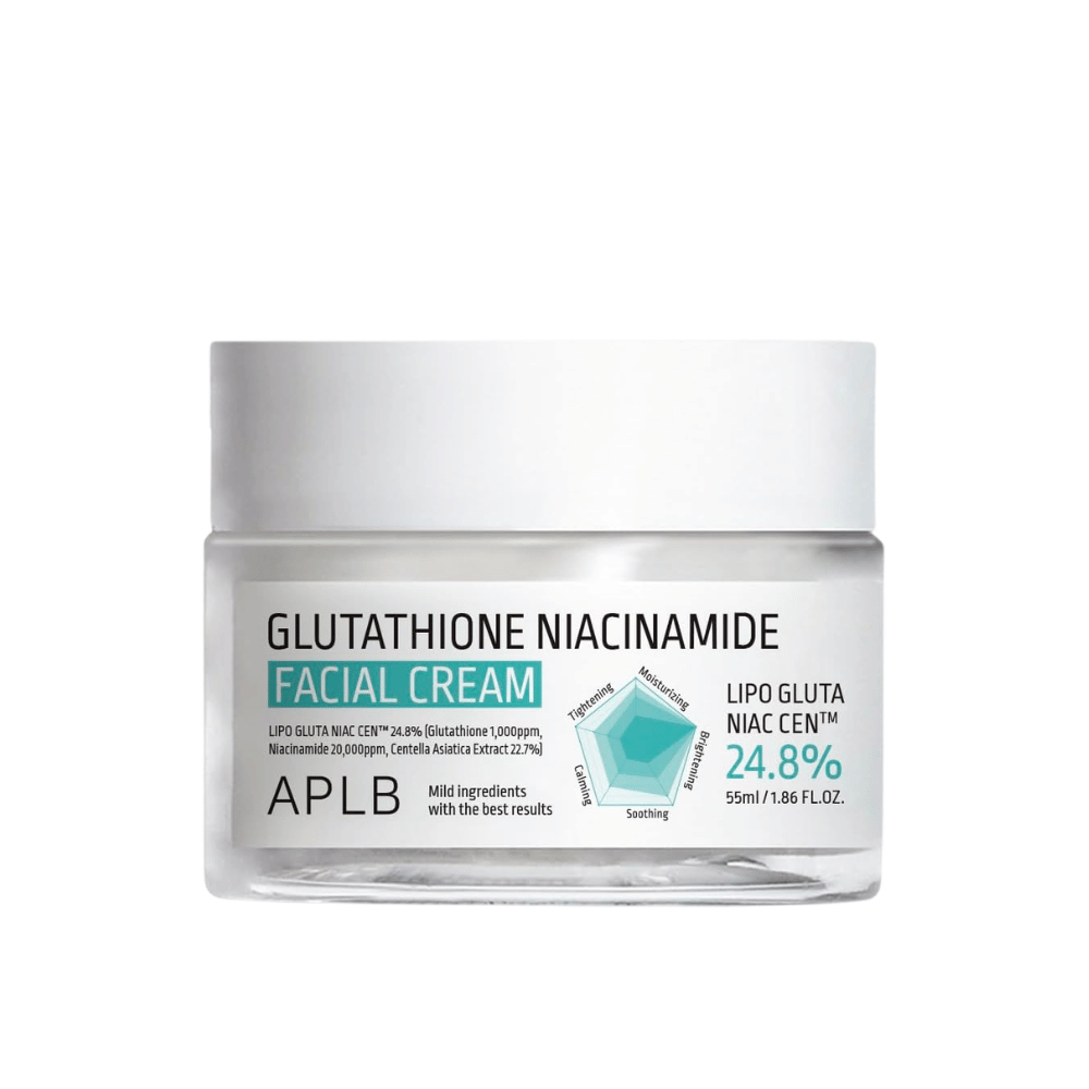 APLB Glutathione Niacinamide Facial Cream v lončku z lahko formulo, ki vlaži, izenačuje ten kože in daje več sijaja