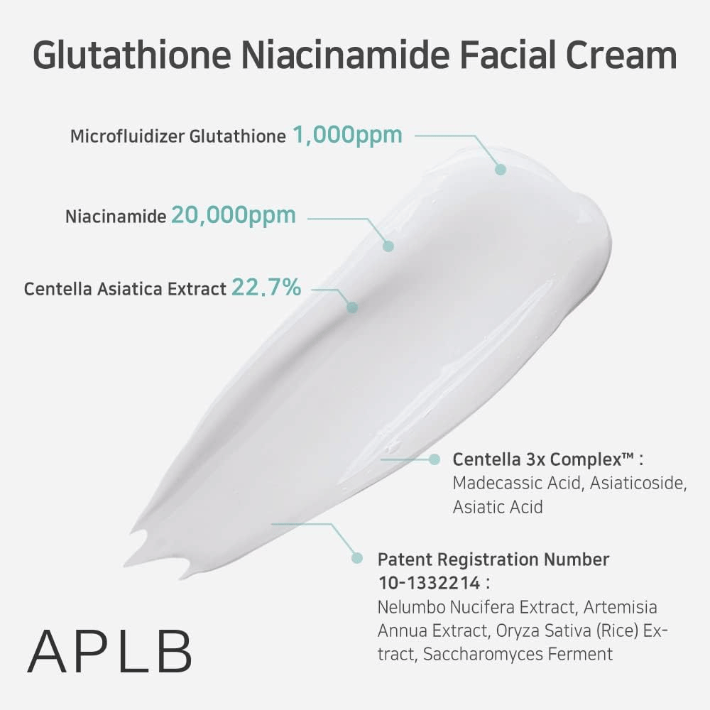 APLB Glutathione Niacinamide Facial Cream s 1000 ppm glutationa, 20000 ppm niacinamida in 22,7 % centelle asiatice za vlaženje in pomirjujoč učinek