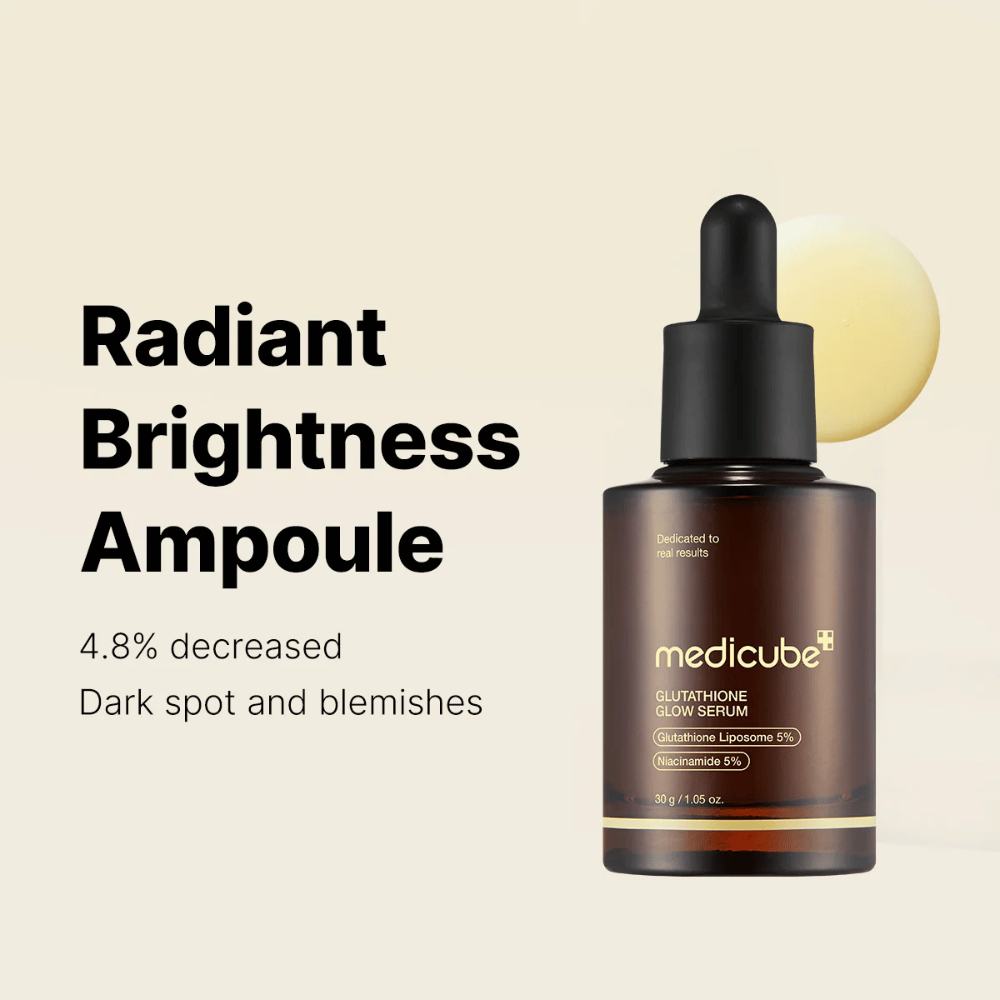 Medicube Radiant Brightness Ampoule – Glutathione Glow Serum z 5% glutationskim liposomom in 5% niacinamidom. Zmanjšuje temne lise in neenakomeren ton kože za sijoč sijaj.