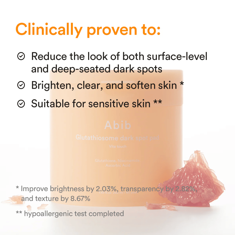 Abib Glutathiosome Dark Spot Pad Vita Touch s klinično preizkušenimi koristmi za sijaj in pigmentacijo.