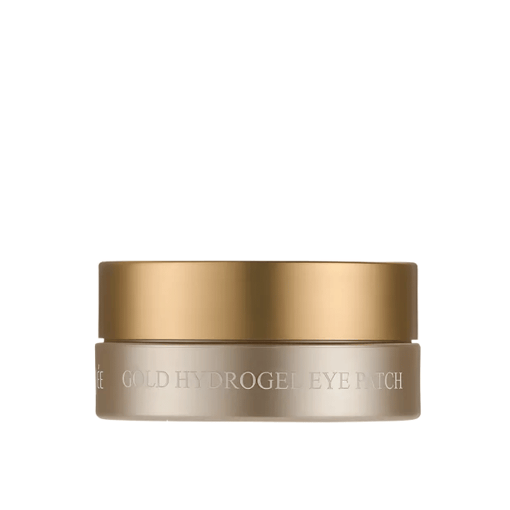 Izrezana produktna slika PETITFEE Gold Hydrogel Eye Patch v elegantnem zlato obarvanem lončku na svetlem ozadju. Dizajn daje ekskluziven in razkošen vtis.