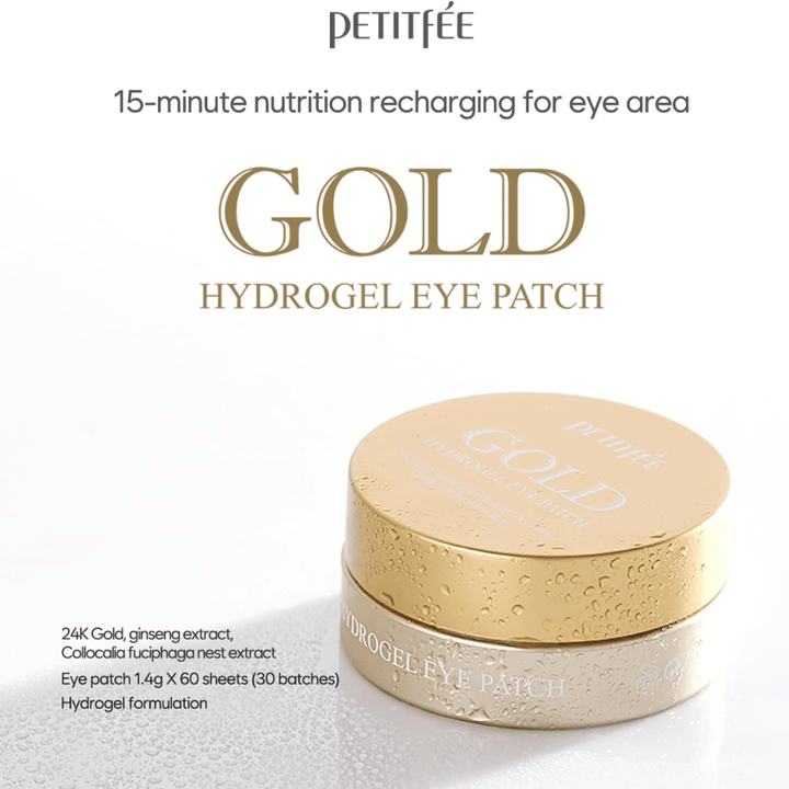 Elegantna produktna slika PETITFEE Gold Hydrogel Eye Patch z zlato obarvano embalažo na svetlem ozadju. Besedilo izpostavlja sestavine, kot so 24K zlato, ginseng in hidrogelna formula za vlaženje in sijaj.