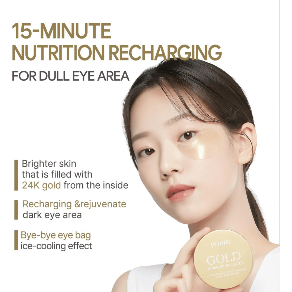 Promocijska slika z modelom, ki uporablja PETITFEE Gold Hydrogel Eye Patch pod očesom. Poudarek je na zagotavljanju sijaja, poživljanju utrujene kože ter zmanjševanju vidnosti temnih kolobarjev in zabuhlosti.