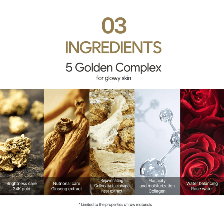 Informativna slika o “5 Golden Complex” s sestavinami, kot so 24K zlato, izvleček ginsenga, izvleček ptičjega gnezda, kolagen in rožna voda. Poudarek je na sijaju, elastičnosti in vlaženju.