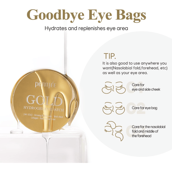 Produktna slika PETITFEE Gold Hydrogel Eye Patch s poudarkom na vlaženju in negi predela pod očmi. Slika prikazuje tudi različna področja uporabe, kot so podočnjaki, predel lic in nazolabialne gube.