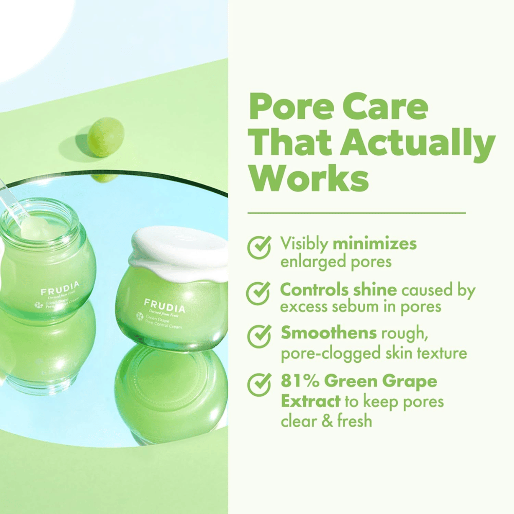FRUDIA Green Grape Pore Control Cream ki vidno zmanjšuje pore, nadzoruje sijaj in izravnava strukturo kože z 81 % izvlečka zelenega grozdja.